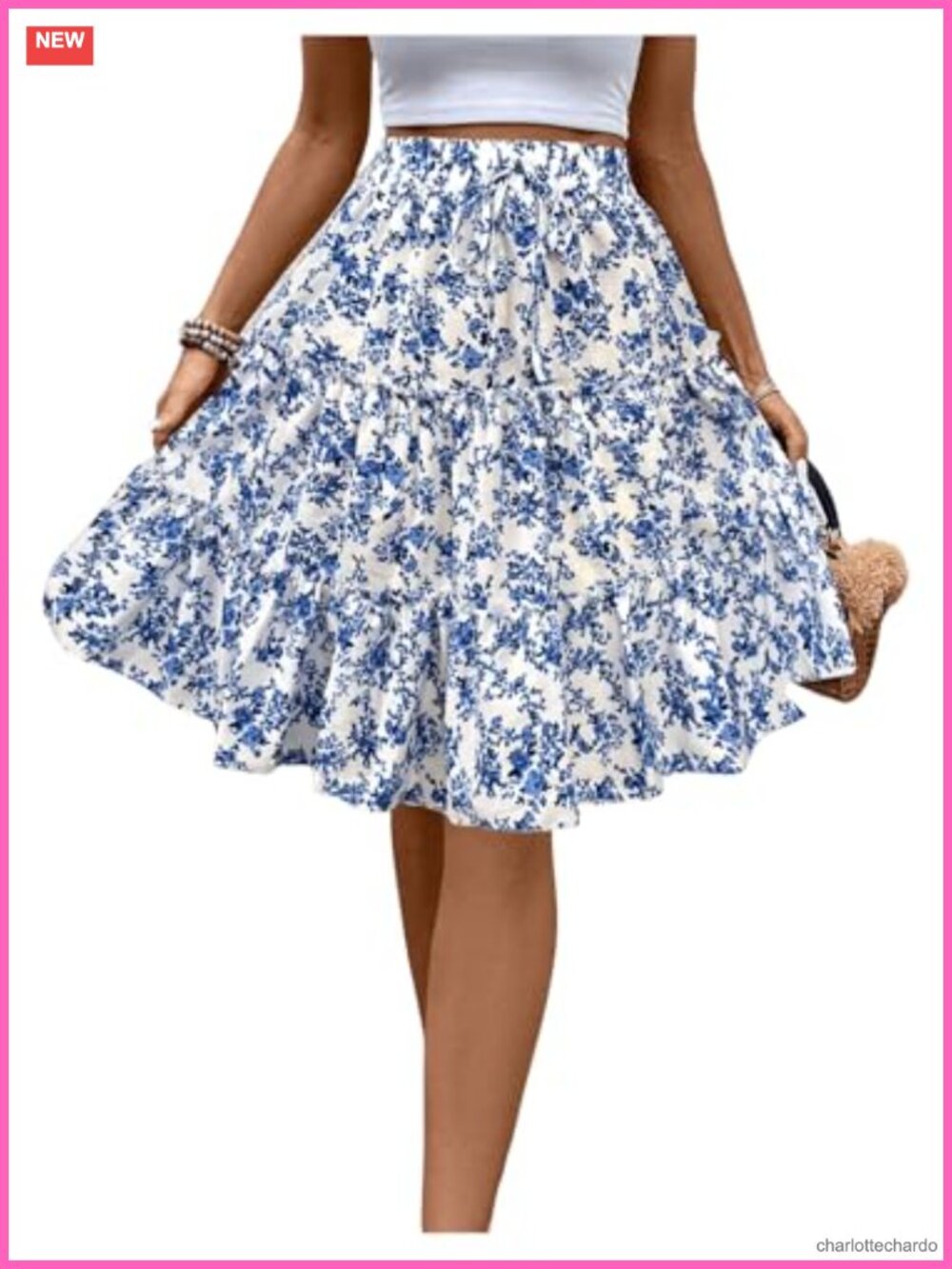 Floral Boho Ruffle High Waist Tiered Flowy Knee Length Summer Skirt